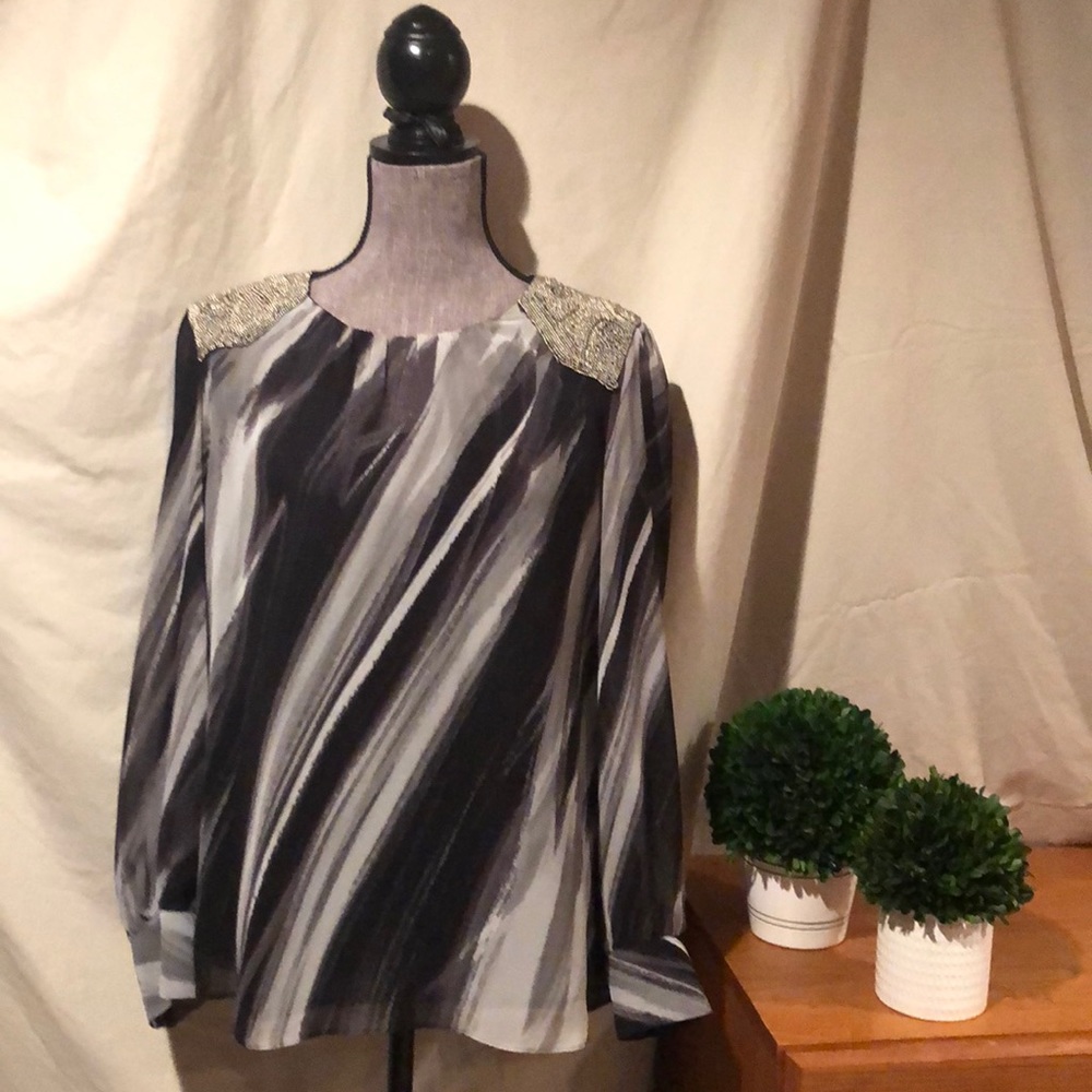 Black and white top with beaded shoulders